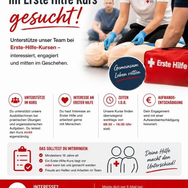 Wir suchen Unterstützung, wäre diese Aufgabe etwas für dich...? Dann melde dich bei uns! Schreib uns einfach eine Email erstehilfe@rotkreuz-